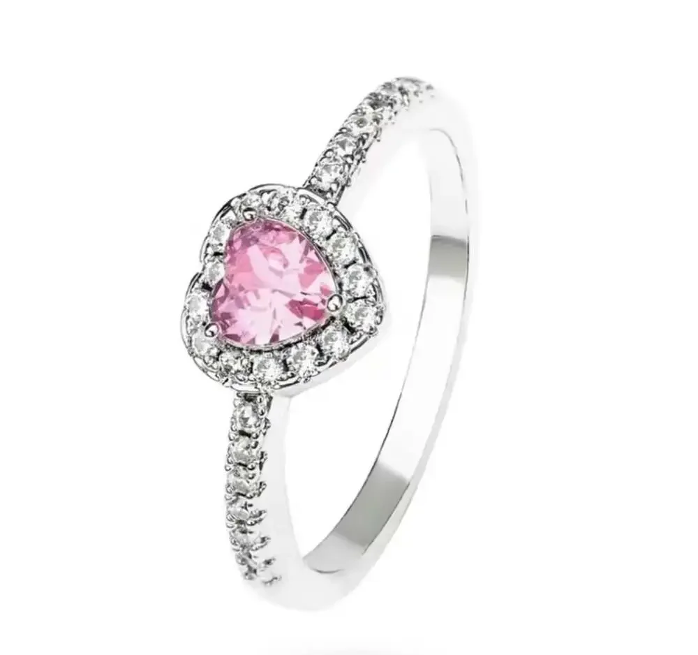 Pink and silver heart ring size 7